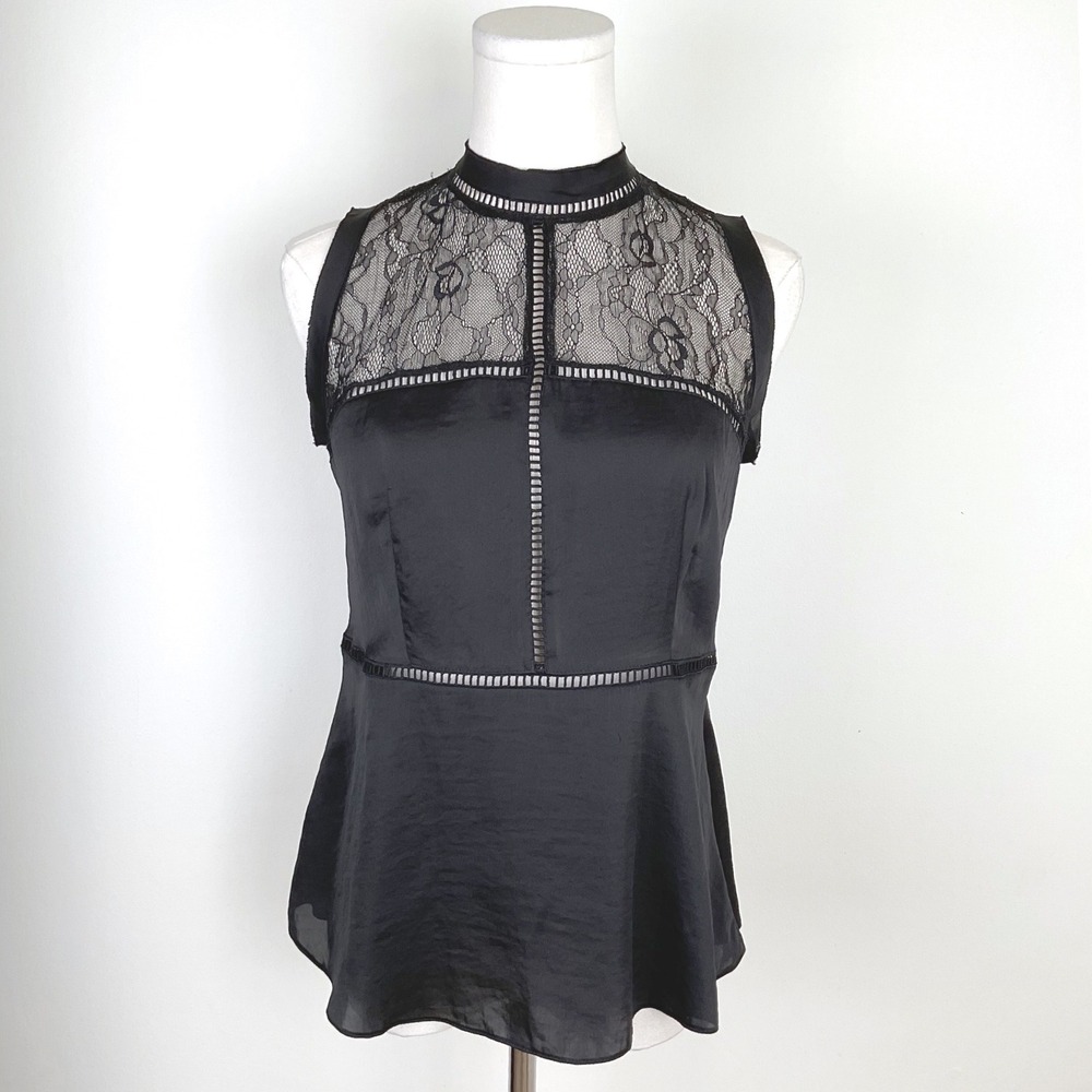 Zara Black Satin and Lace Peplum Blouse High Neck Ladder Stitch Sleeveless MED